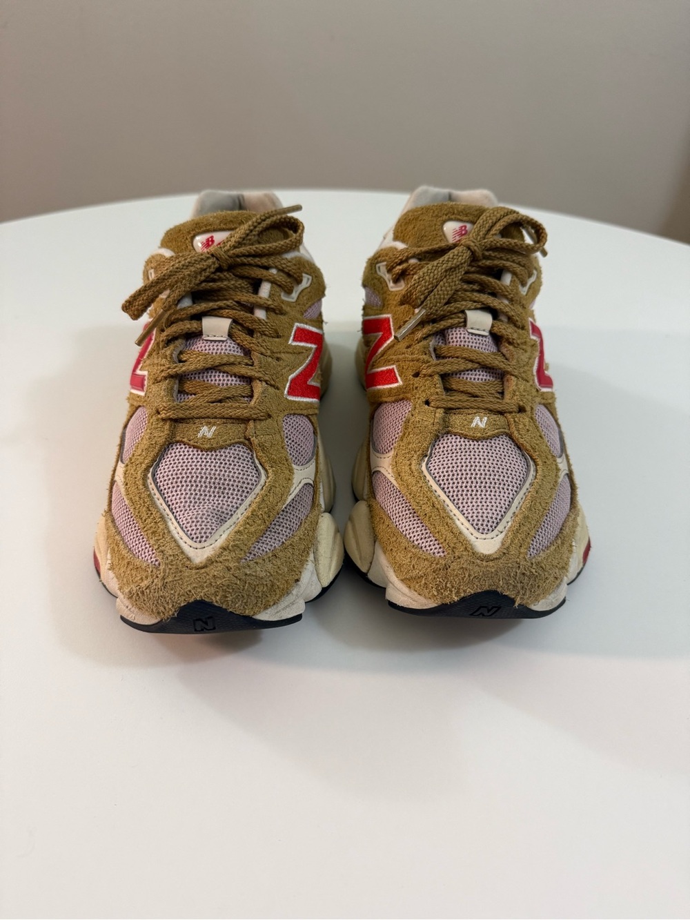 New Balance Kids Tan and Pink Mesh Suede Sneakers with Red Logo